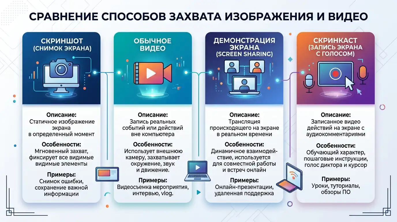 Чем скринкаст отличается от скриншота, видео и демонстрации экрана