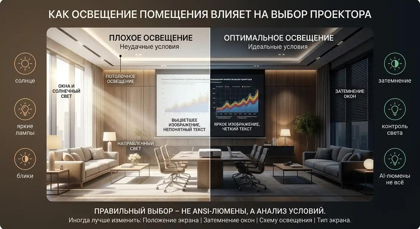 Как освещение помещения влияет на выбор проектора