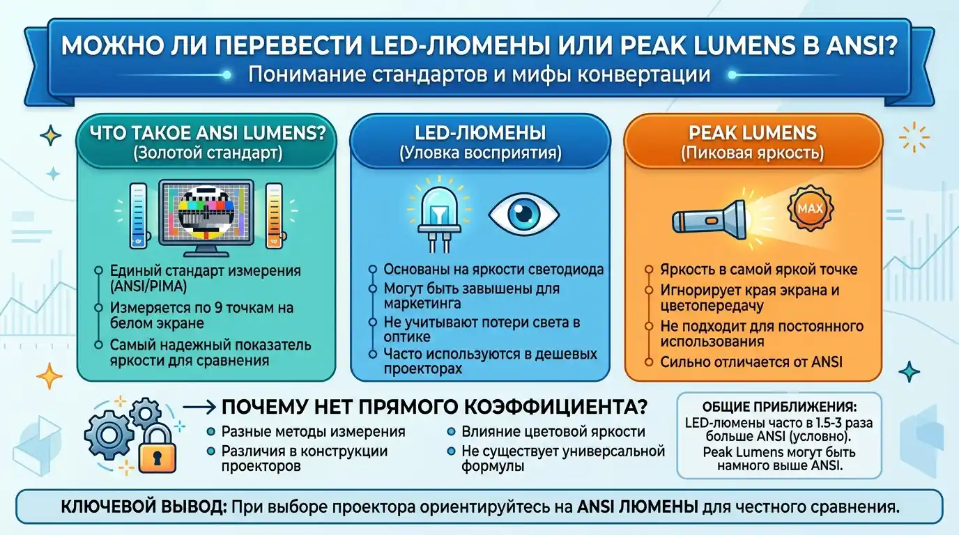 Можно ли перевести LED-люмены или Peak Lumens в ANSI