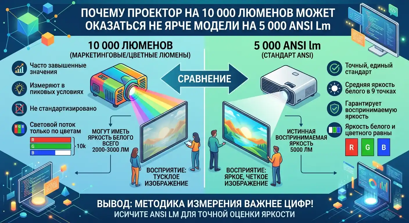 Почему проектор на 10 000 люменов может оказаться не ярче модели на 5 000 ANSI lm